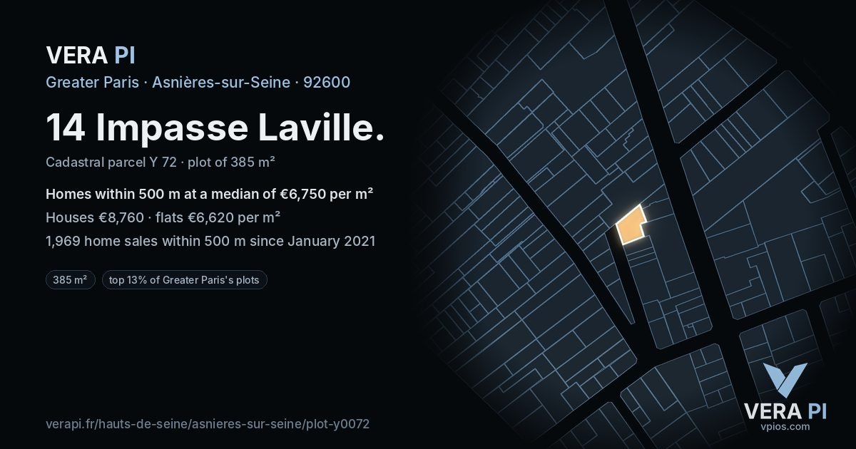 14 Impasse Laville, Asnières-sur-Seine at night – the plot lit, the parcels around coloured by the prices near them