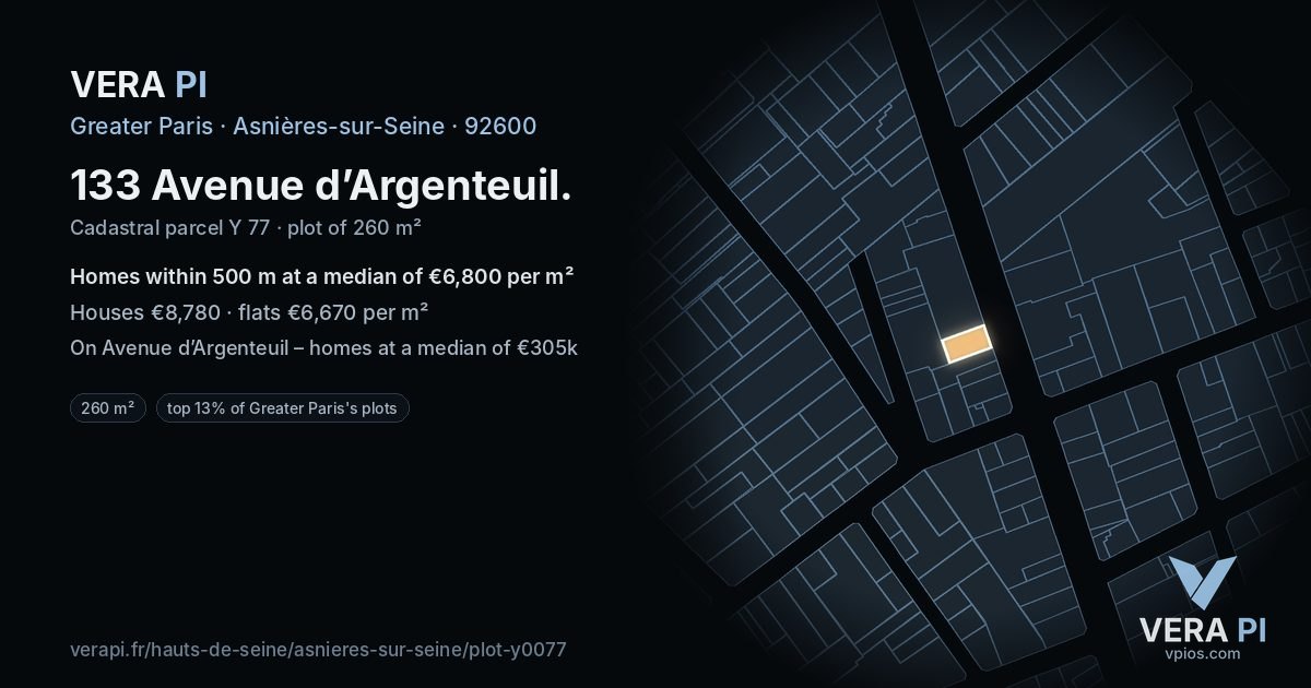 133 Avenue d’Argenteuil, Asnières-sur-Seine at night – the plot lit, the parcels around coloured by the prices near them
