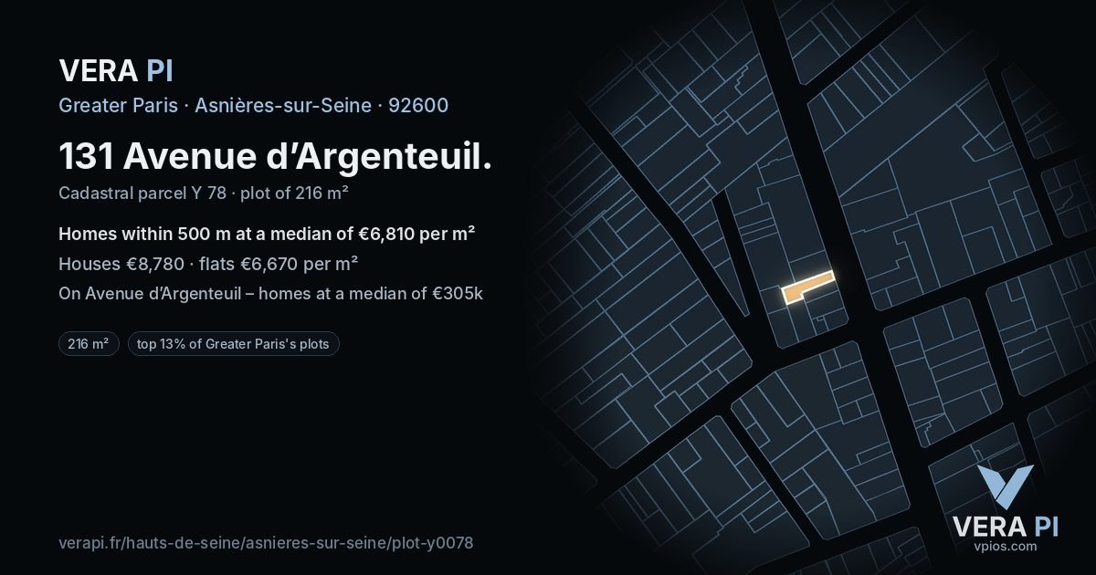 131 Avenue d’Argenteuil, Asnières-sur-Seine at night – the plot lit, the parcels around coloured by the prices near them