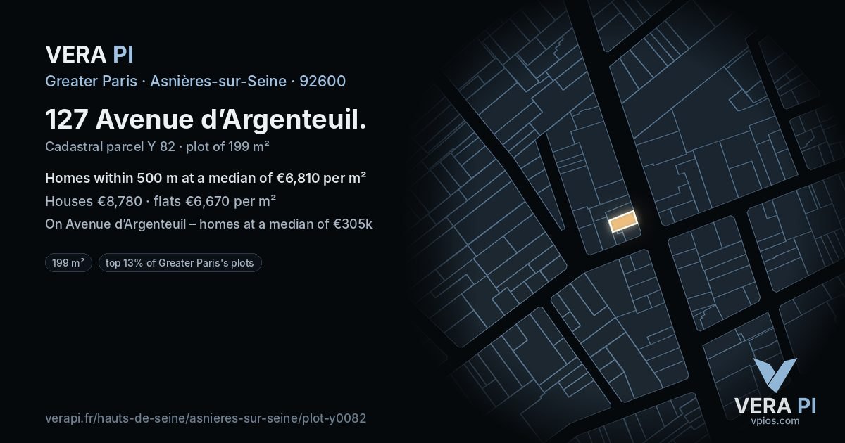 127 Avenue d’Argenteuil, Asnières-sur-Seine at night – the plot lit, the parcels around coloured by the prices near them