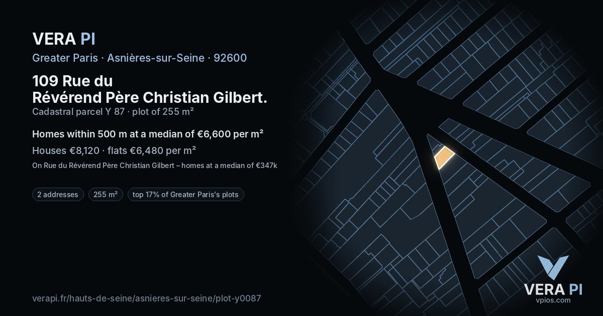 109 Rue du Révérend Père Christian Gilbert, Asnières-sur-Seine at night – the plot lit, the parcels around coloured by the prices near them