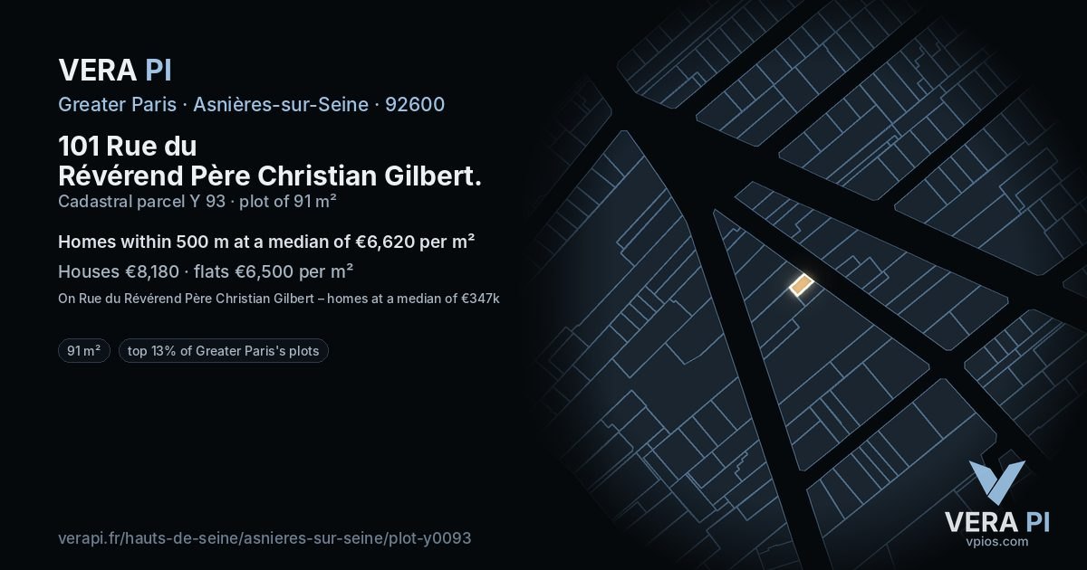 101 Rue du Révérend Père Christian Gilbert, Asnières-sur-Seine at night – the plot lit, the parcels around coloured by the prices near them