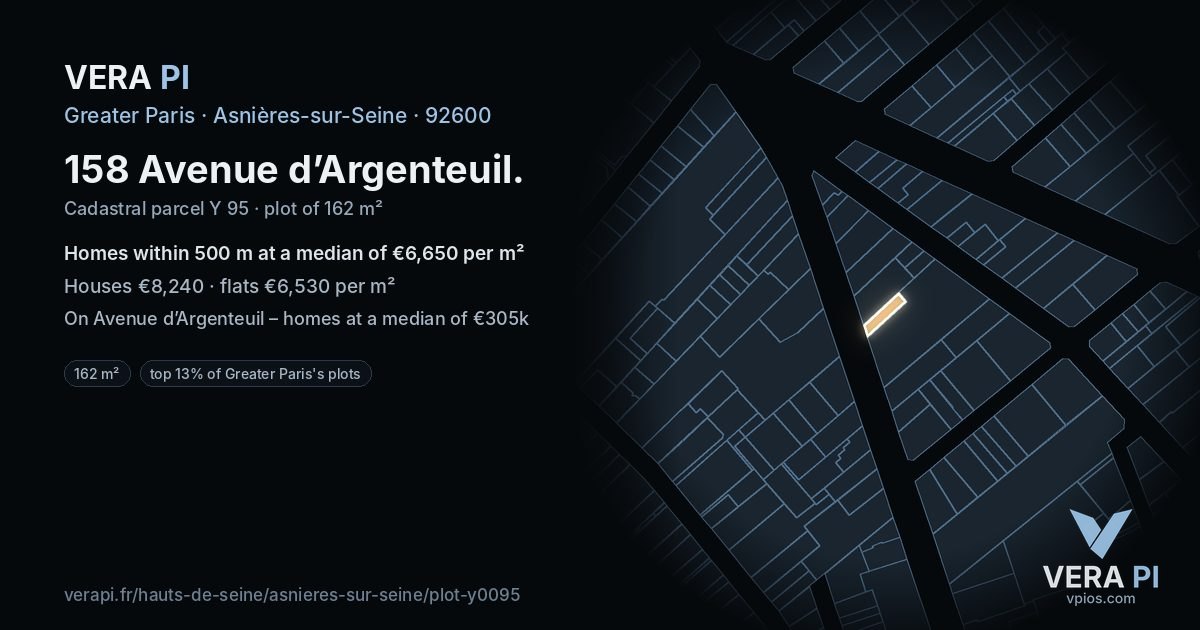 158 Avenue d’Argenteuil, Asnières-sur-Seine at night – the plot lit, the parcels around coloured by the prices near them