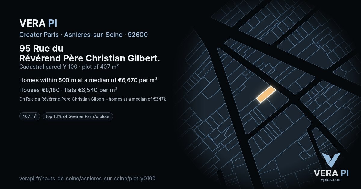 95 Rue du Révérend Père Christian Gilbert, Asnières-sur-Seine at night – the plot lit, the parcels around coloured by the prices near them