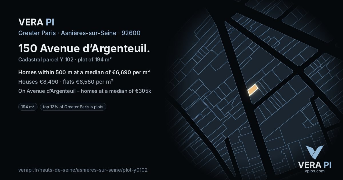 150 Avenue d’Argenteuil, Asnières-sur-Seine at night – the plot lit, the parcels around coloured by the prices near them