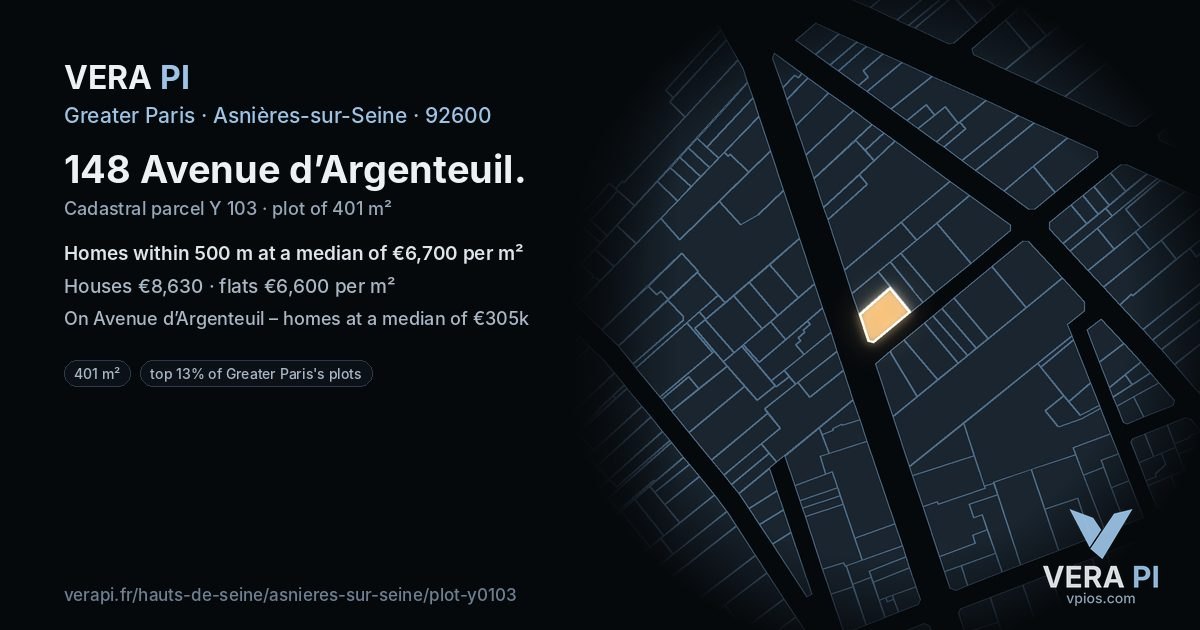 148 Avenue d’Argenteuil, Asnières-sur-Seine at night – the plot lit, the parcels around coloured by the prices near them
