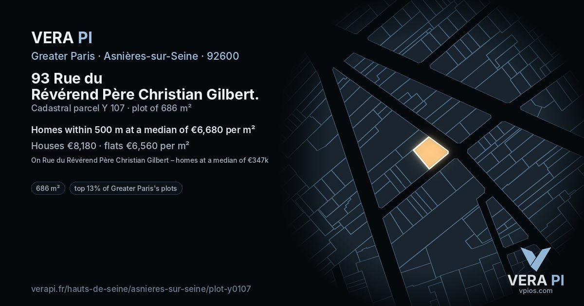 93 Rue du Révérend Père Christian Gilbert, Asnières-sur-Seine at night – the plot lit, the parcels around coloured by the prices near them