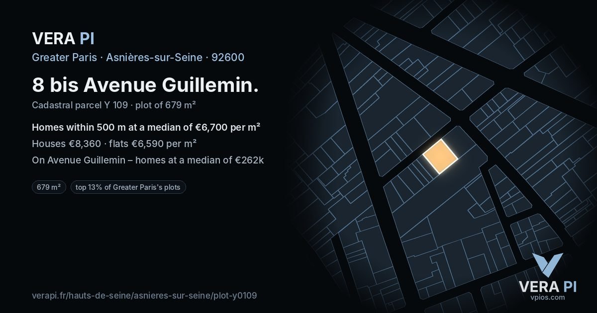 8 bis Avenue Guillemin, Asnières-sur-Seine at night – the plot lit, the parcels around coloured by the prices near them