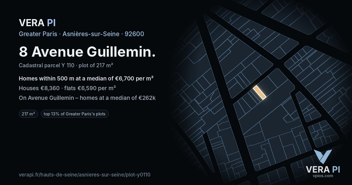 8 Avenue Guillemin, Asnières-sur-Seine at night – the plot lit, the parcels around coloured by the prices near them