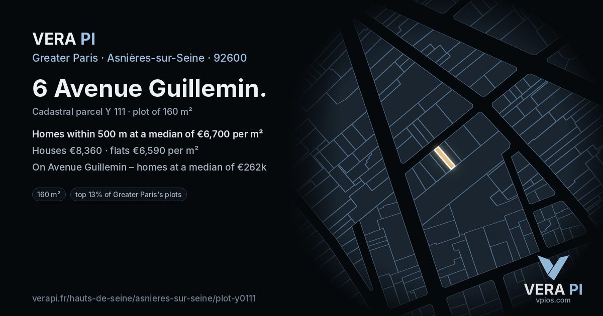 6 Avenue Guillemin, Asnières-sur-Seine at night – the plot lit, the parcels around coloured by the prices near them