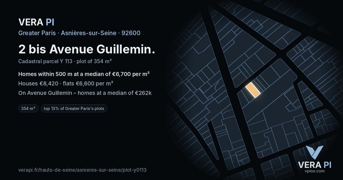 2 bis Avenue Guillemin, Asnières-sur-Seine at night – the plot lit, the parcels around coloured by the prices near them
