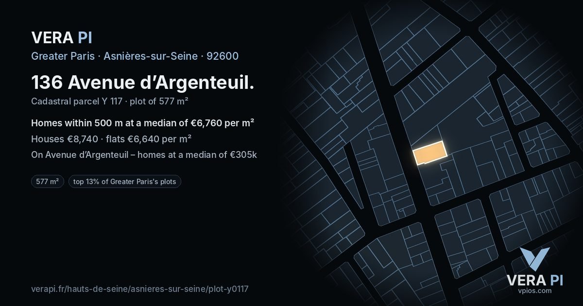 136 Avenue d’Argenteuil, Asnières-sur-Seine at night – the plot lit, the parcels around coloured by the prices near them