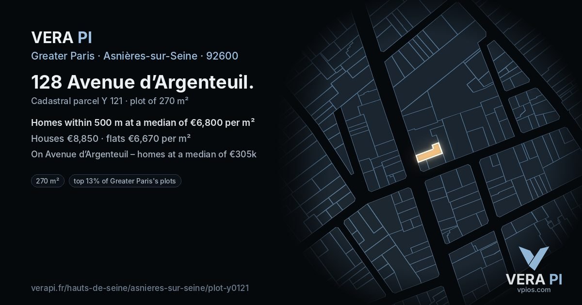 128 Avenue d’Argenteuil, Asnières-sur-Seine at night – the plot lit, the parcels around coloured by the prices near them