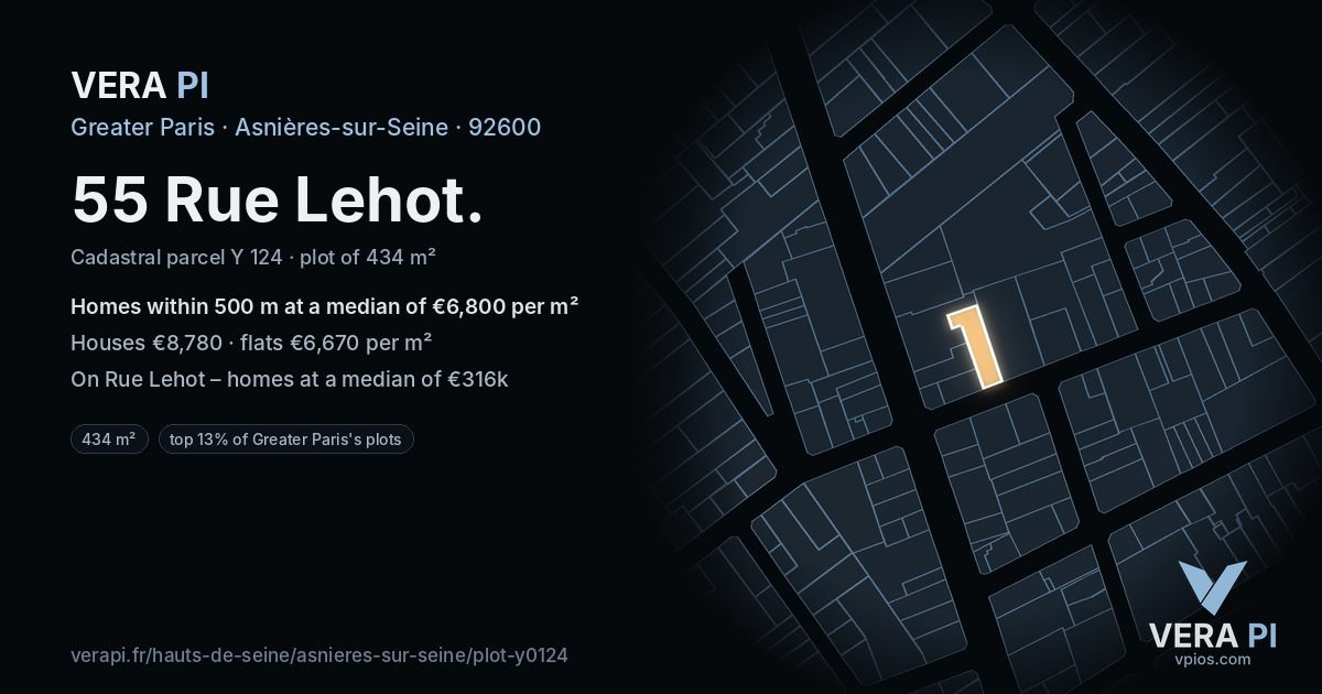 55 Rue Lehot, Asnières-sur-Seine at night – the plot lit, the parcels around coloured by the prices near them
