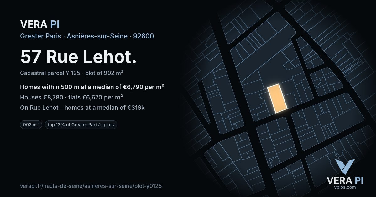 57 Rue Lehot, Asnières-sur-Seine at night – the plot lit, the parcels around coloured by the prices near them