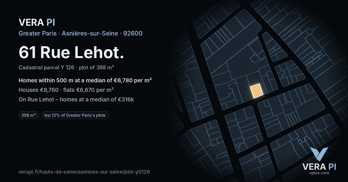 61 Rue Lehot, Asnières-sur-Seine at night – the plot lit, the parcels around coloured by the prices near them