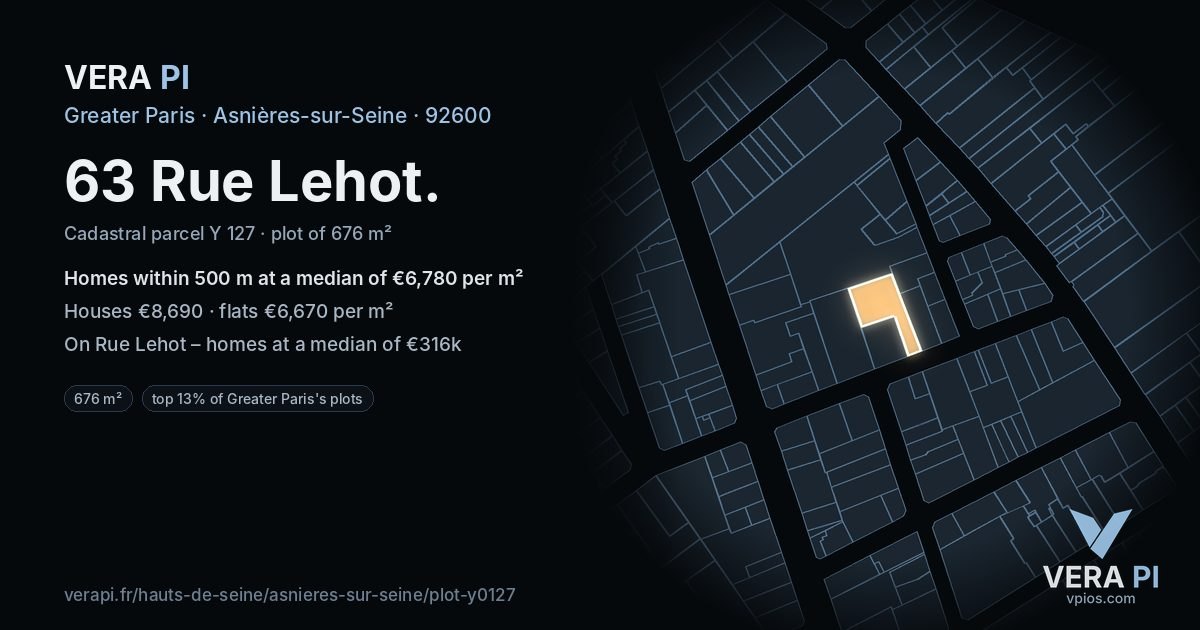 63 Rue Lehot, Asnières-sur-Seine at night – the plot lit, the parcels around coloured by the prices near them