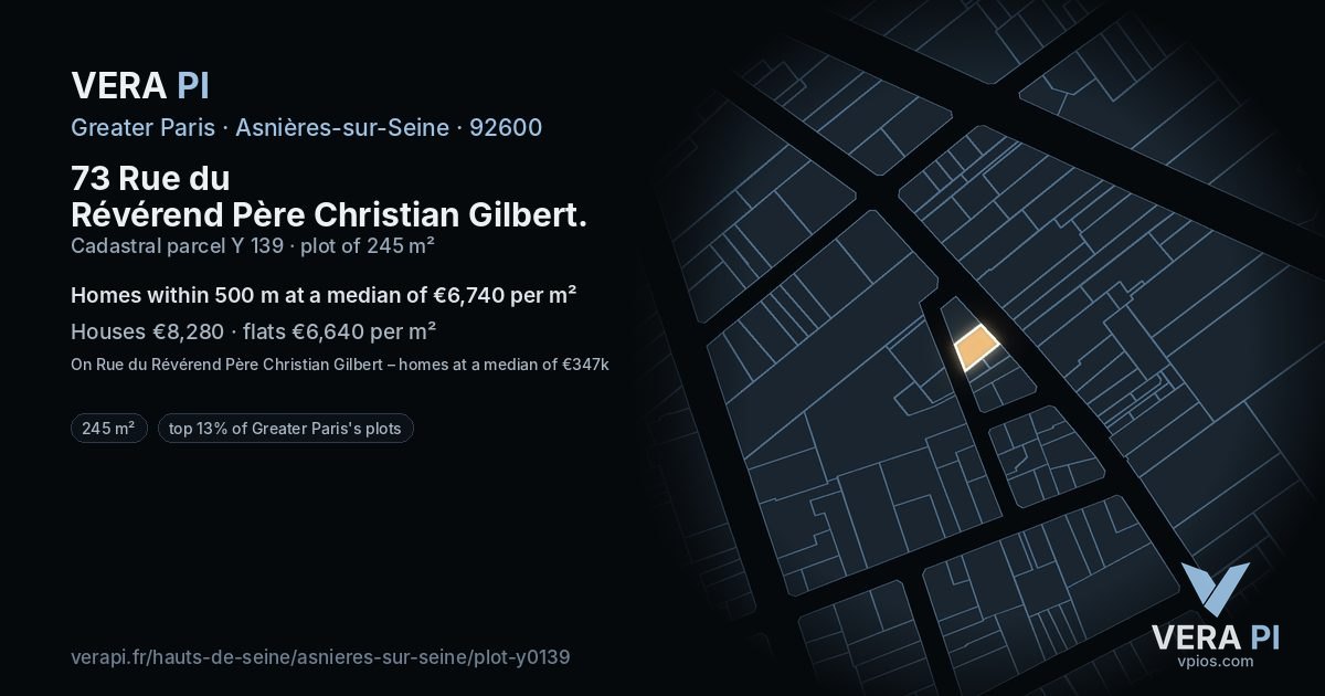 73 Rue du Révérend Père Christian Gilbert, Asnières-sur-Seine at night – the plot lit, the parcels around coloured by the prices near them