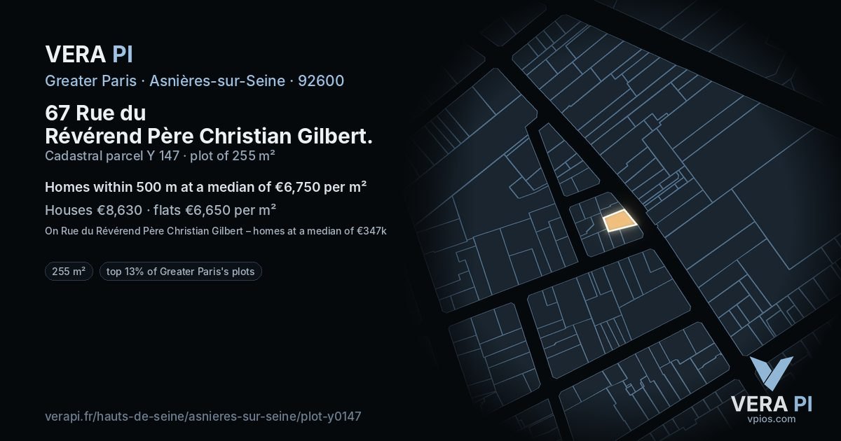 67 Rue du Révérend Père Christian Gilbert, Asnières-sur-Seine at night – the plot lit, the parcels around coloured by the prices near them