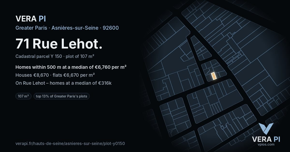 71 Rue Lehot, Asnières-sur-Seine at night – the plot lit, the parcels around coloured by the prices near them