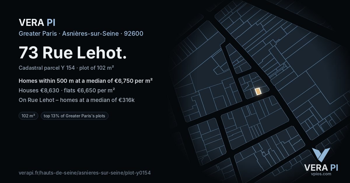 73 Rue Lehot, Asnières-sur-Seine at night – the plot lit, the parcels around coloured by the prices near them
