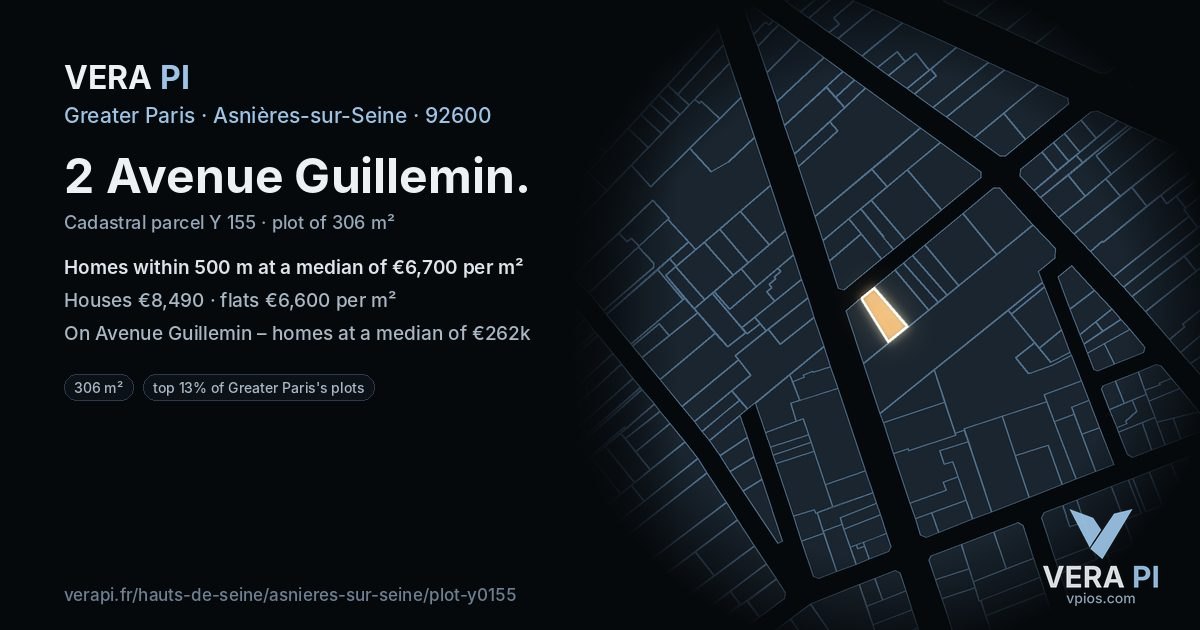 2 Avenue Guillemin, Asnières-sur-Seine at night – the plot lit, the parcels around coloured by the prices near them