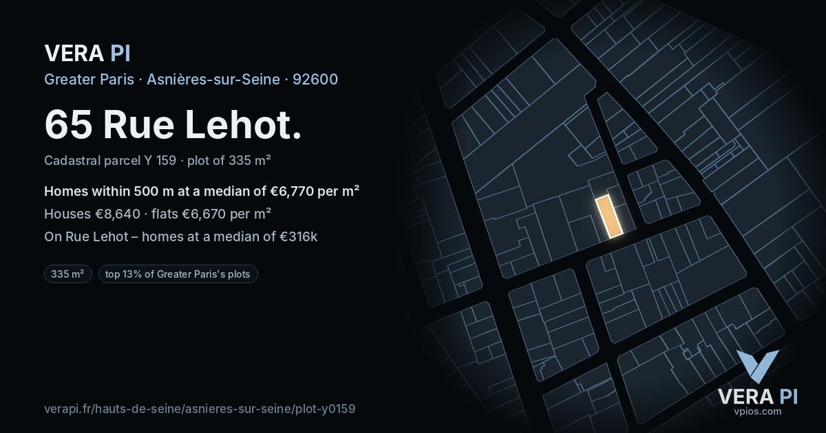 65 Rue Lehot, Asnières-sur-Seine at night – the plot lit, the parcels around coloured by the prices near them