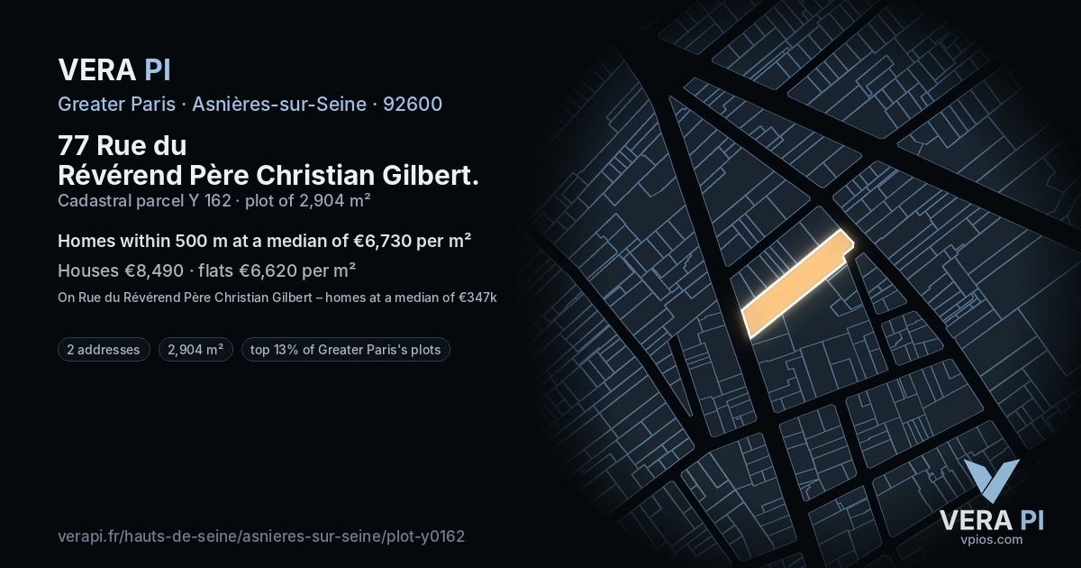 77 Rue du Révérend Père Christian Gilbert, Asnières-sur-Seine at night – the plot lit, the parcels around coloured by the prices near them