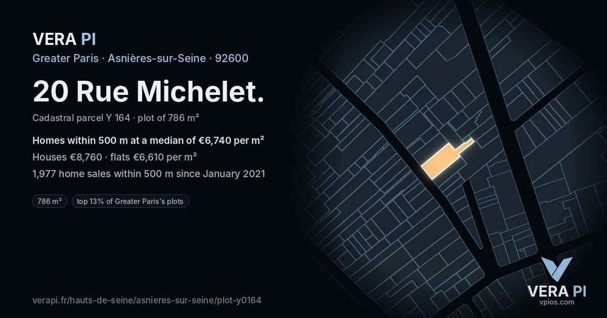 20 Rue Michelet, Asnières-sur-Seine at night – the plot lit, the parcels around coloured by the prices near them