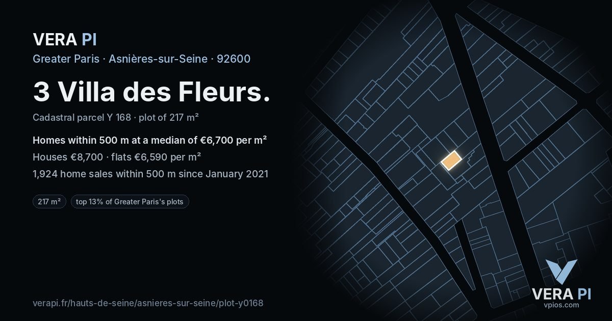 3 Villa des Fleurs, Asnières-sur-Seine at night – the plot lit, the parcels around coloured by the prices near them