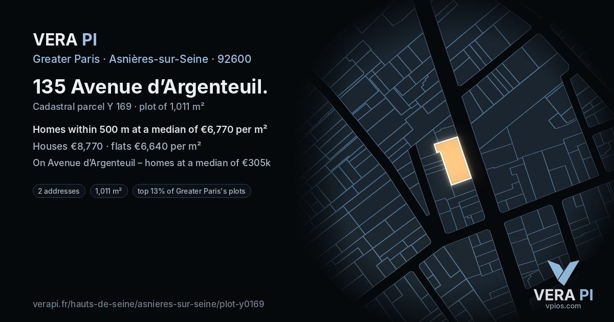 135 Avenue d’Argenteuil, Asnières-sur-Seine at night – the plot lit, the parcels around coloured by the prices near them