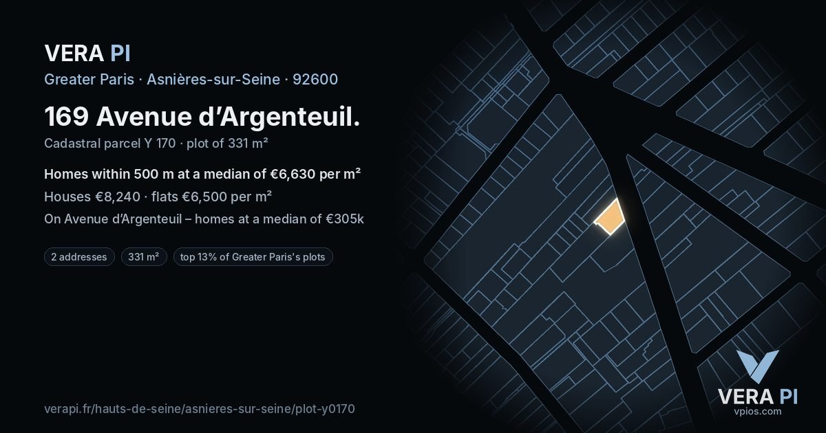 169 Avenue d’Argenteuil, Asnières-sur-Seine at night – the plot lit, the parcels around coloured by the prices near them