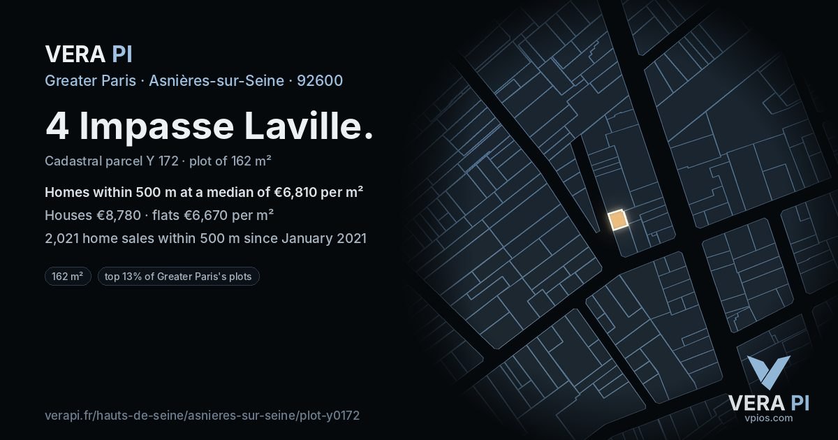 4 Impasse Laville, Asnières-sur-Seine at night – the plot lit, the parcels around coloured by the prices near them