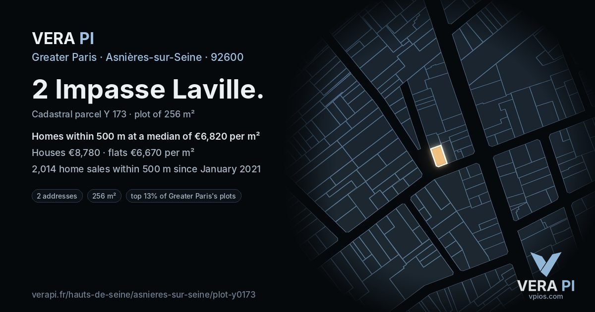 2 Impasse Laville, Asnières-sur-Seine at night – the plot lit, the parcels around coloured by the prices near them