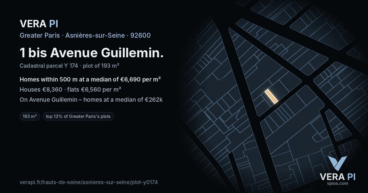 1 bis Avenue Guillemin, Asnières-sur-Seine at night – the plot lit, the parcels around coloured by the prices near them