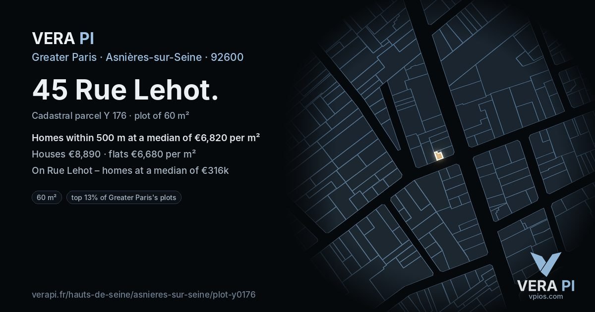 45 Rue Lehot, Asnières-sur-Seine at night – the plot lit, the parcels around coloured by the prices near them
