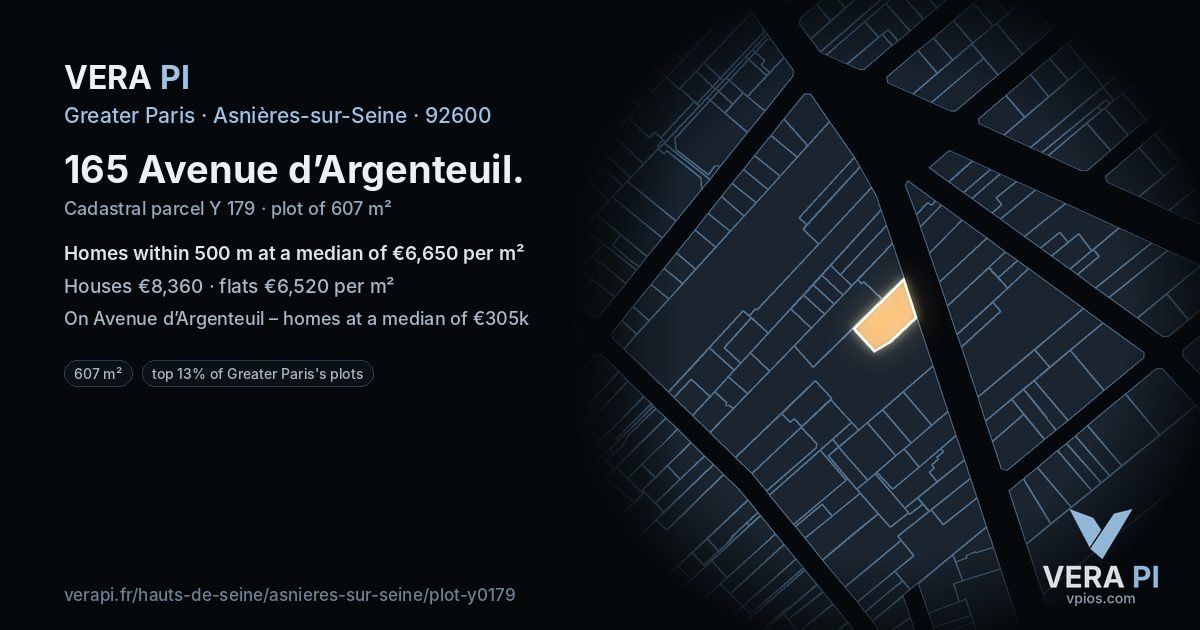 165 Avenue d’Argenteuil, Asnières-sur-Seine at night – the plot lit, the parcels around coloured by the prices near them
