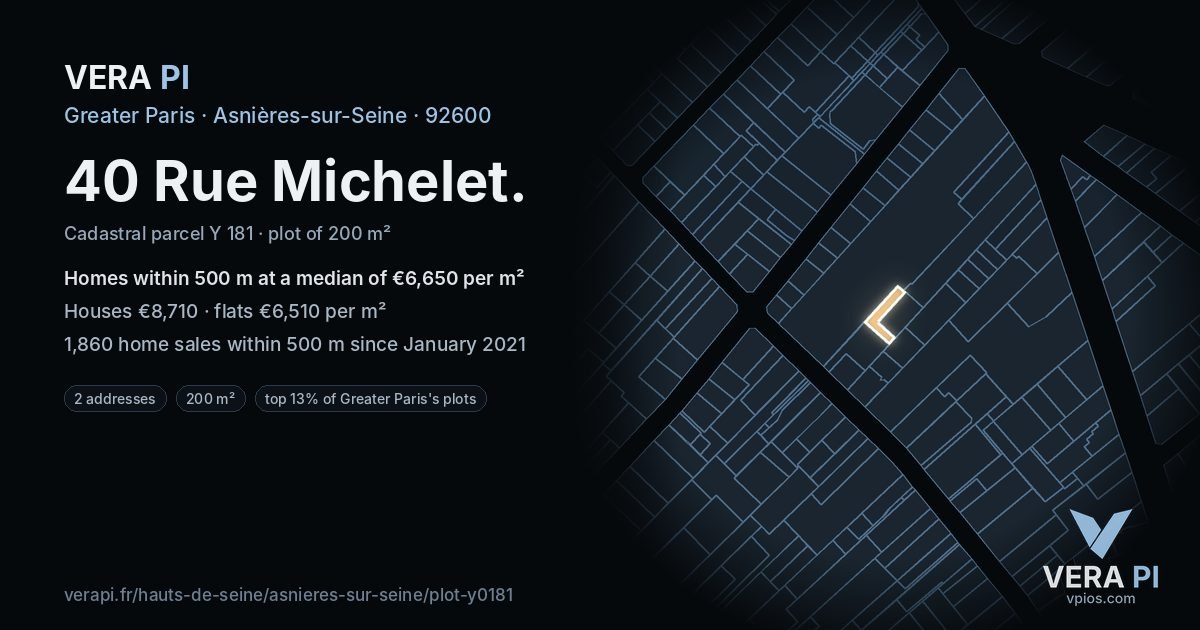 40 Rue Michelet, Asnières-sur-Seine at night – the plot lit, the parcels around coloured by the prices near them