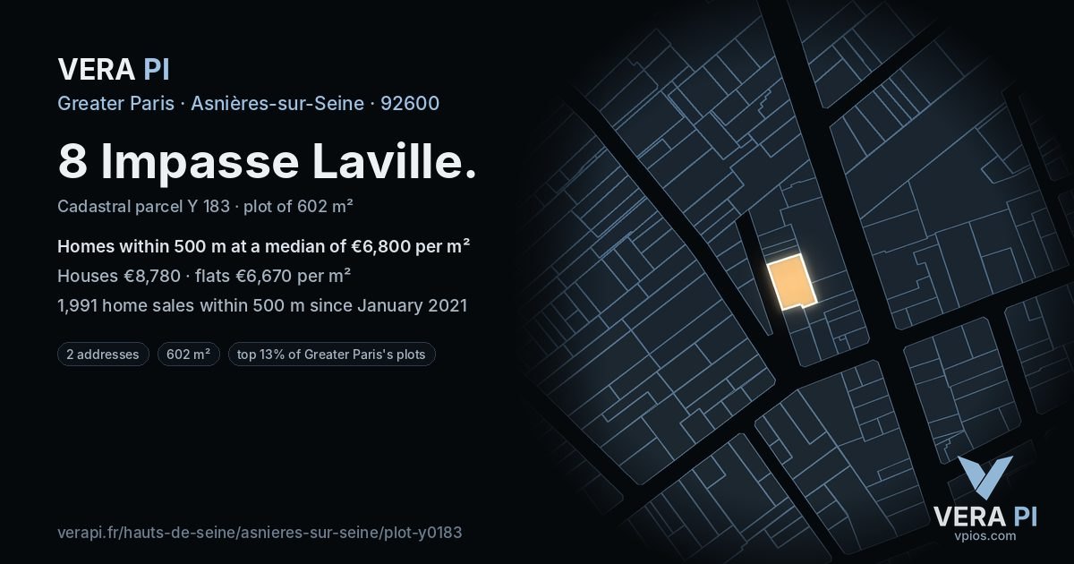 8 Impasse Laville, Asnières-sur-Seine at night – the plot lit, the parcels around coloured by the prices near them