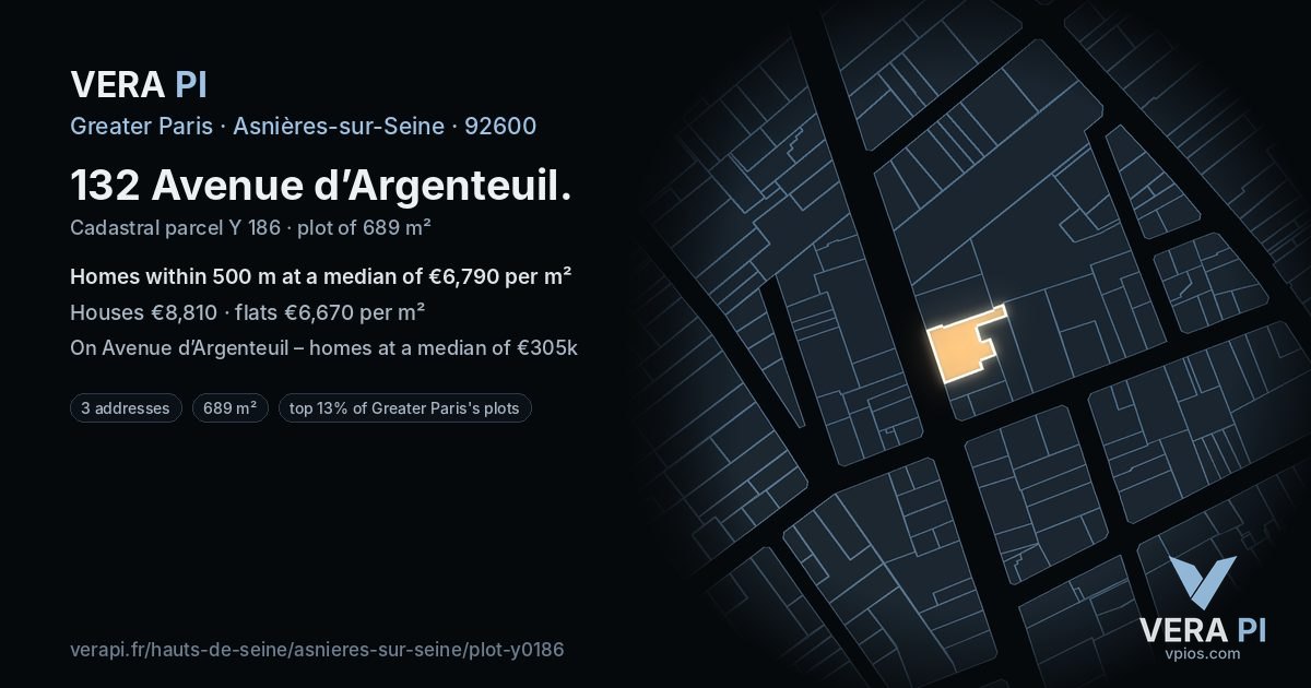 132 Avenue d’Argenteuil, Asnières-sur-Seine at night – the plot lit, the parcels around coloured by the prices near them
