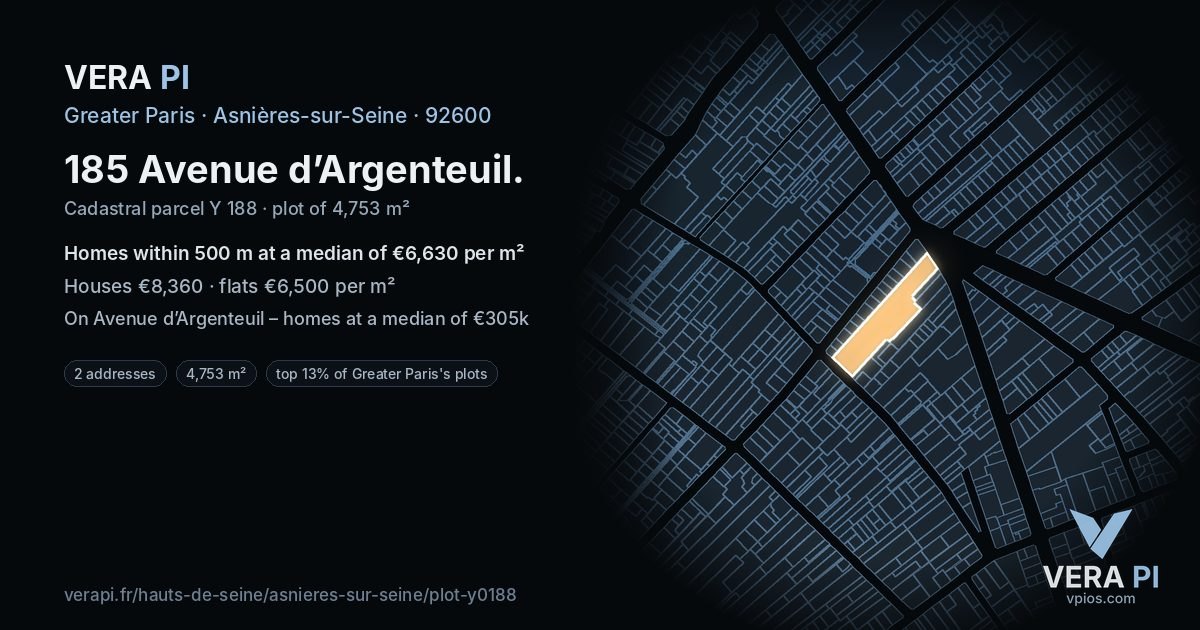 185 Avenue d’Argenteuil, Asnières-sur-Seine at night – the plot lit, the parcels around coloured by the prices near them