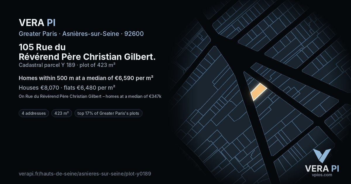 105 Rue du Révérend Père Christian Gilbert, Asnières-sur-Seine at night – the plot lit, the parcels around coloured by the prices near them