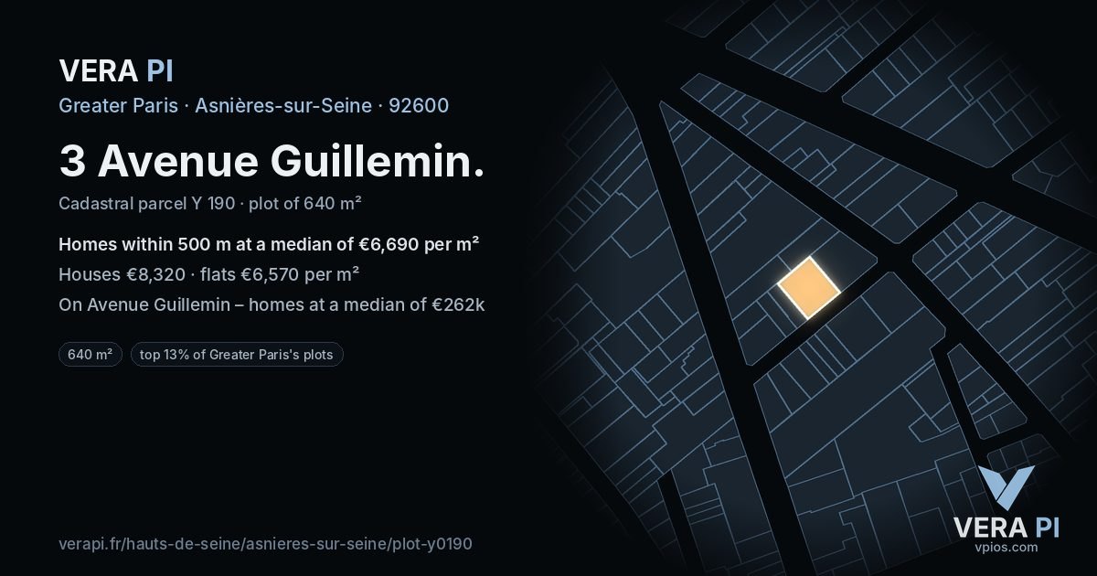 3 Avenue Guillemin, Asnières-sur-Seine at night – the plot lit, the parcels around coloured by the prices near them