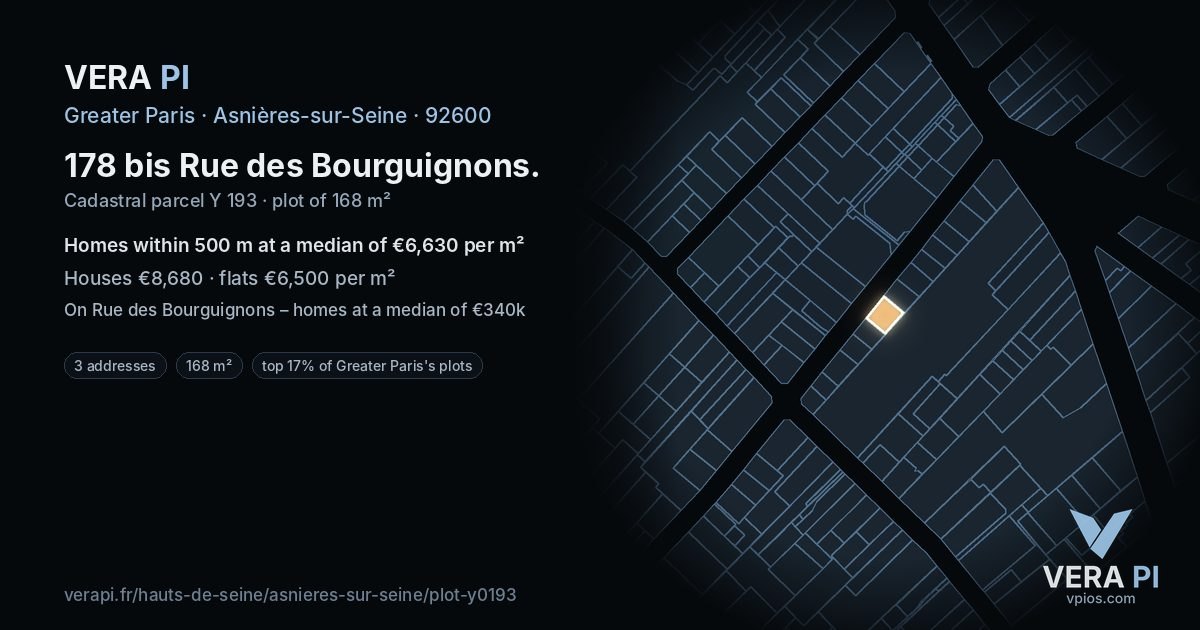 178 bis Rue des Bourguignons, Asnières-sur-Seine at night – the plot lit, the parcels around coloured by the prices near them