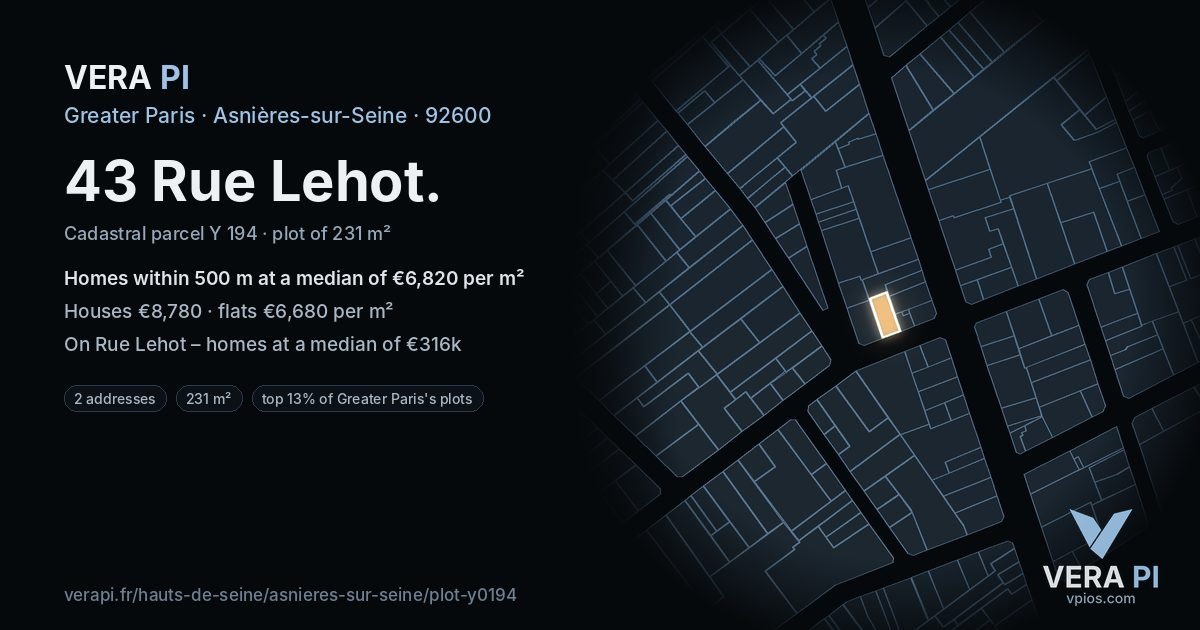 43 Rue Lehot, Asnières-sur-Seine at night – the plot lit, the parcels around coloured by the prices near them