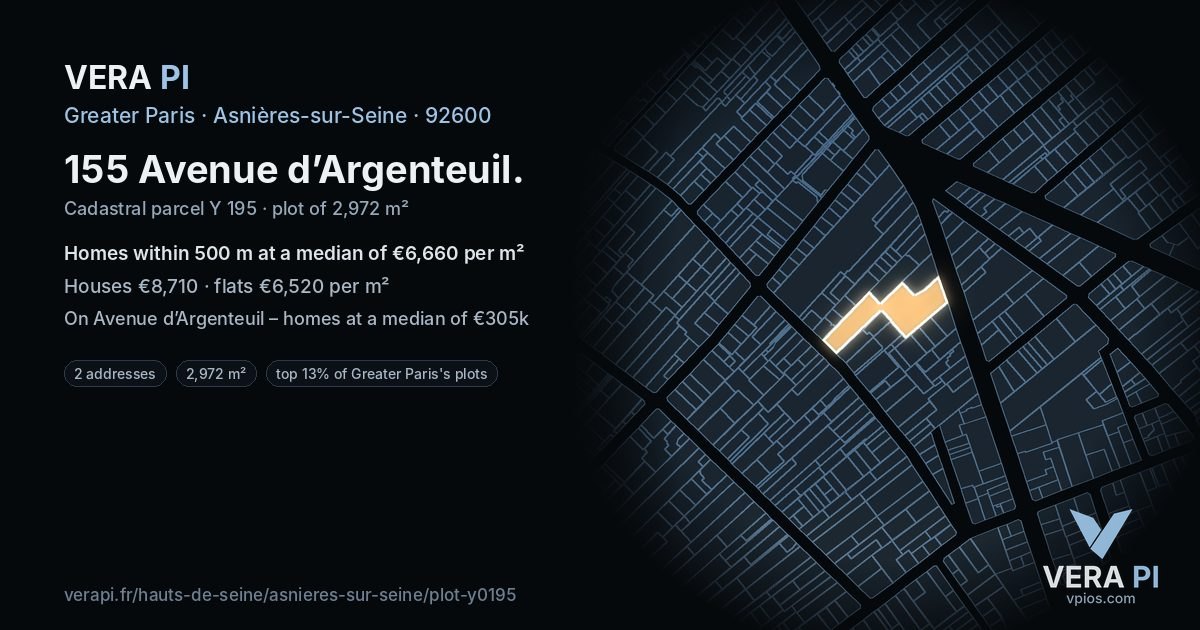 155 Avenue d’Argenteuil, Asnières-sur-Seine at night – the plot lit, the parcels around coloured by the prices near them