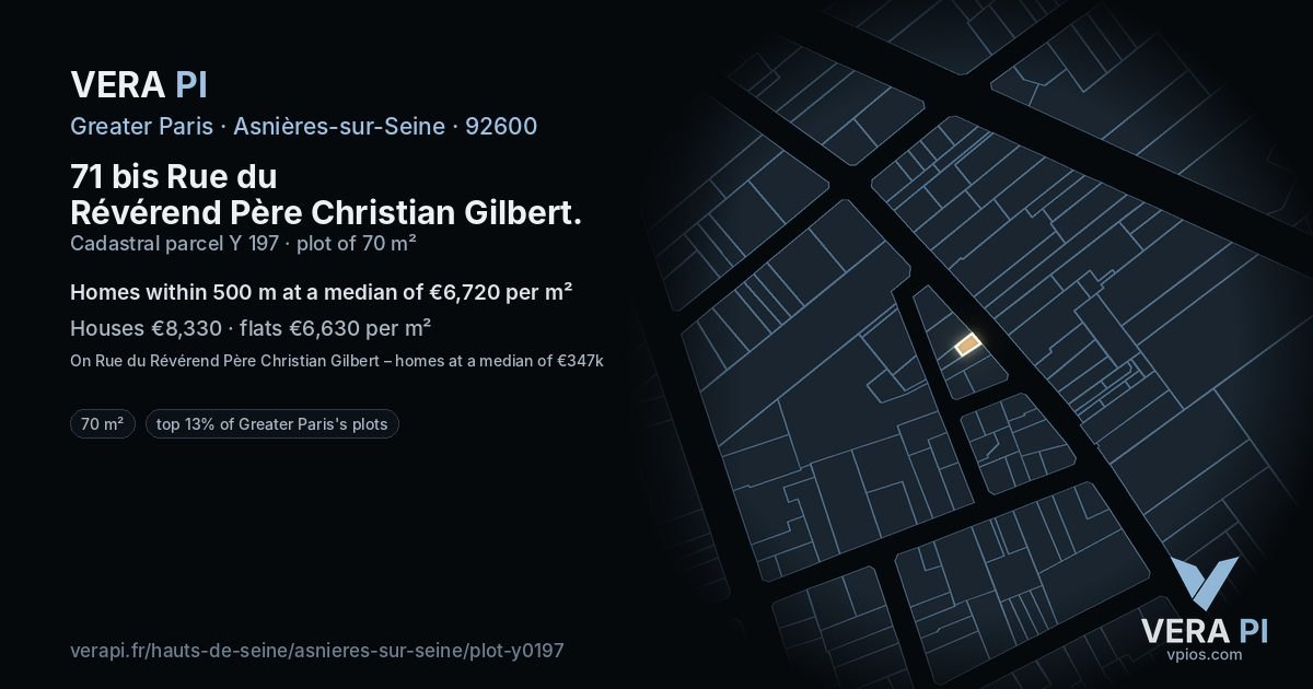 71 bis Rue du Révérend Père Christian Gilbert, Asnières-sur-Seine at night – the plot lit, the parcels around coloured by the prices near them