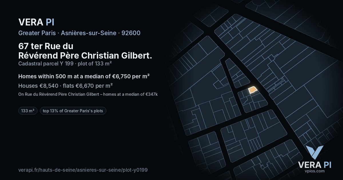 67 ter Rue du Révérend Père Christian Gilbert, Asnières-sur-Seine at night – the plot lit, the parcels around coloured by the prices near them