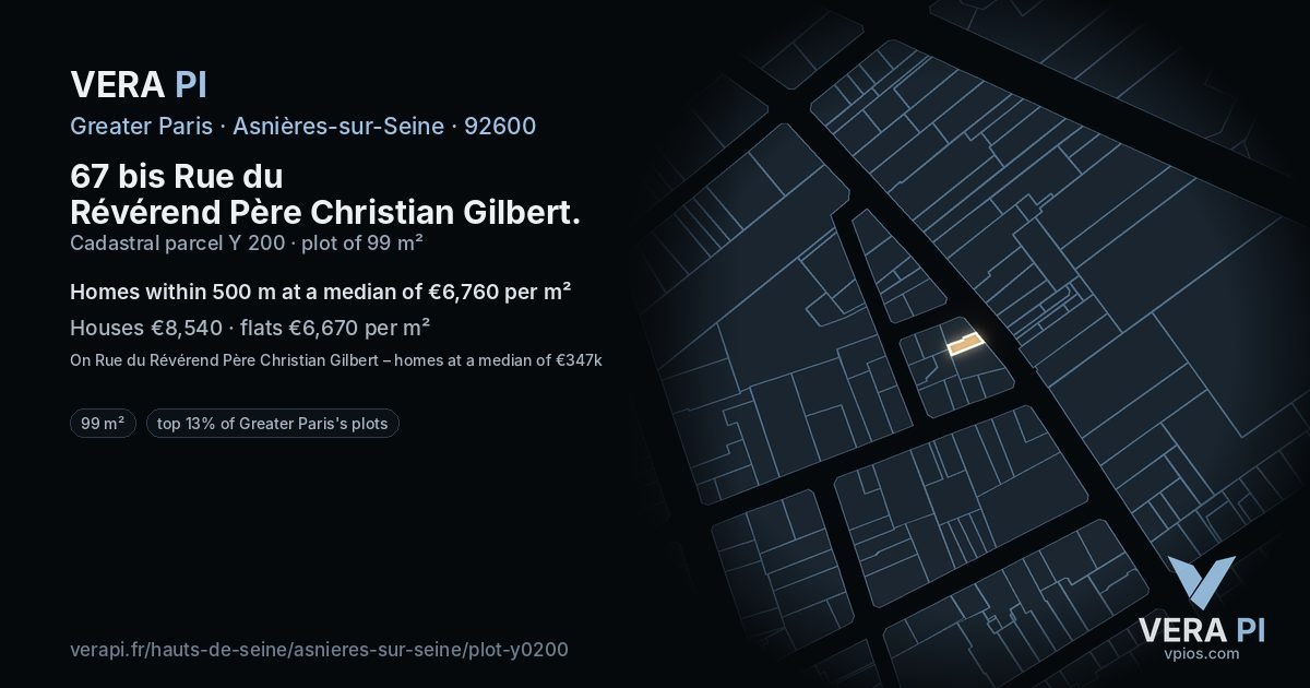 67 bis Rue du Révérend Père Christian Gilbert, Asnières-sur-Seine at night – the plot lit, the parcels around coloured by the prices near them
