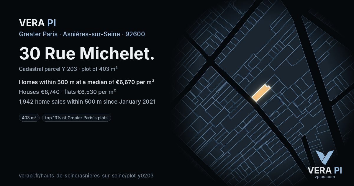 30 Rue Michelet, Asnières-sur-Seine at night – the plot lit, the parcels around coloured by the prices near them